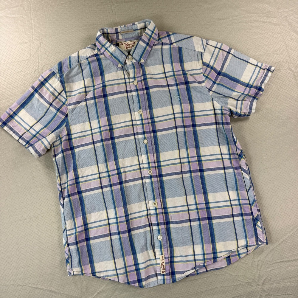 Original Penguin Mens Large Button Front Plaid Short Sleeve Shirt Blue Purple